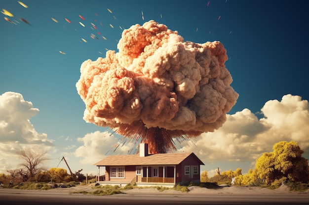 Foto destroyed house against the backdrop of a nuclear explosion