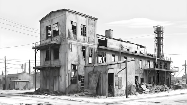 destrucción de un antiguo edificio abandonado en blanco y negro