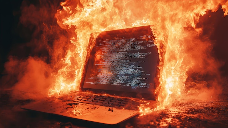 Foto la destrucción se desarrolla cuando una computadora portátil se enciende con furiosas llamas y humo en una espectacular exhibición de caos y devastación