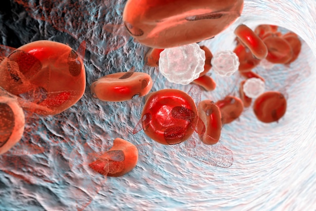 Foto destrucción de los glóbulos rojos ilustración 3d concepto de anemia y otras enfermedades hematológicas