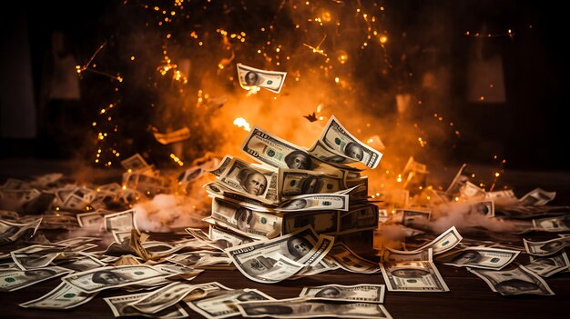 destrucción de la riqueza y la agitación económica con un primer plano de dinero en llamas