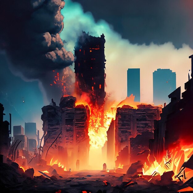 Destrución de la ciudad con incendios explosiones y estructuras que se derrumban Concepto de guerra y desastre