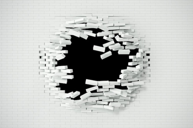 Foto destruição de explosão de um fundo abstrato de parede de tijolo branco para modelo para uma ilustração 3d de conteúdo