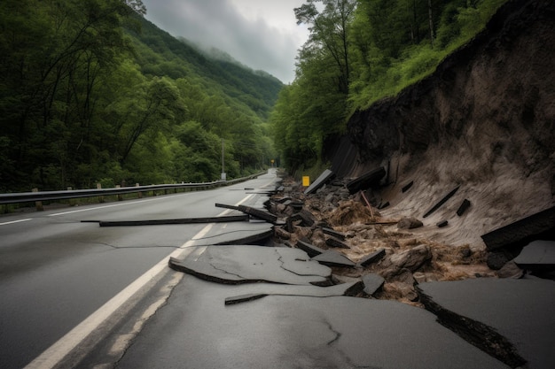 Destruido camino asfalto montañas deslizamiento de tierra Daño desastre natural deslizamiento de tierra Generar Ai