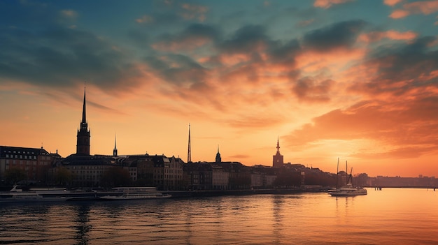 Foto el desvanecimiento del horizonte capta la tranquila puesta de sol sobre hamburgo