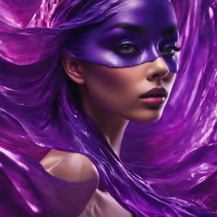 Foto desvelando a mística da vibrancia em fundo brilhante líquido com tons de violeta e roxo