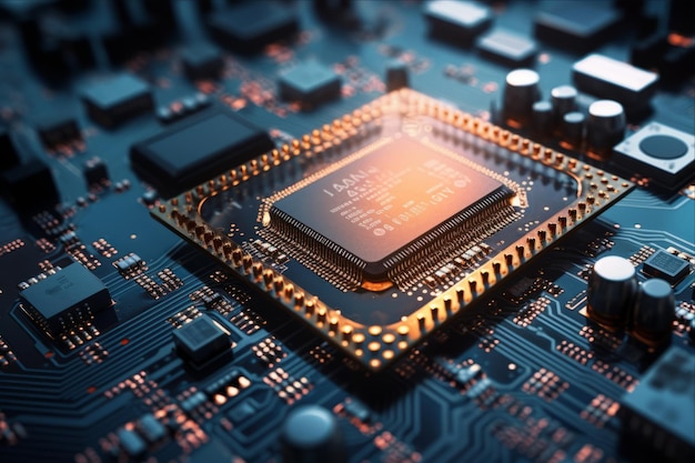 Desvelando el complejo circuito Un primer plano de un microchip Componentes eléctricos intrincados