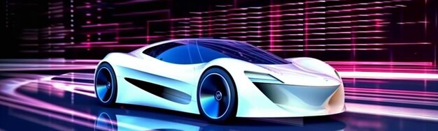 Desvelando el futurismo urbano Un coche futurista en medio de las luces de neón