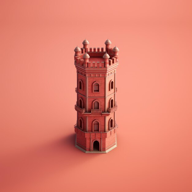 Desvelando la majestuosa vista minimalista de una torre medieval roja en un sereno carmesí