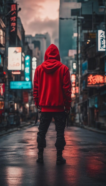 Desvelando o Cyberpunk Warrior Redhooded Vigilante na Paisagem Urbana