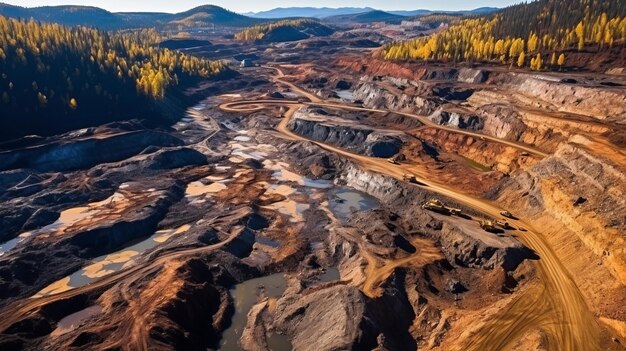 Foto desvelando la transformación dorada una fascinante perspectiva aérea de un paisaje posterior a la minería de oro