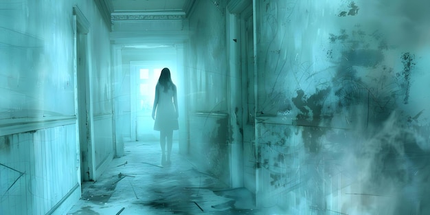 Foto desvelar el inquietante viaje de una mujer esquizofrénica a través de espeluznantes corredores embrujados concepto enfermedad mental casa embrujada horror thriller psicológico esquizofrenia