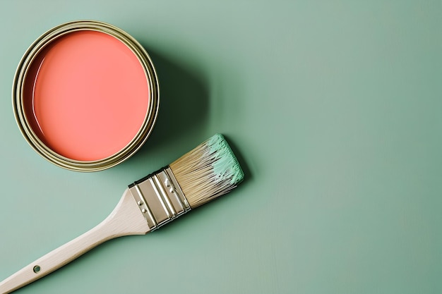 Desvelar un recipiente de pintura de pared en coral pastel y gris verde usando un pincel para una colocación plana