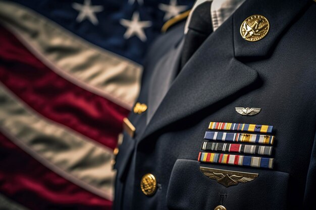 Detail der Abzeichen und Medaillen auf der Jacke eines patriotischen amerikanischen Soldaten, den Ai erzeugt hat