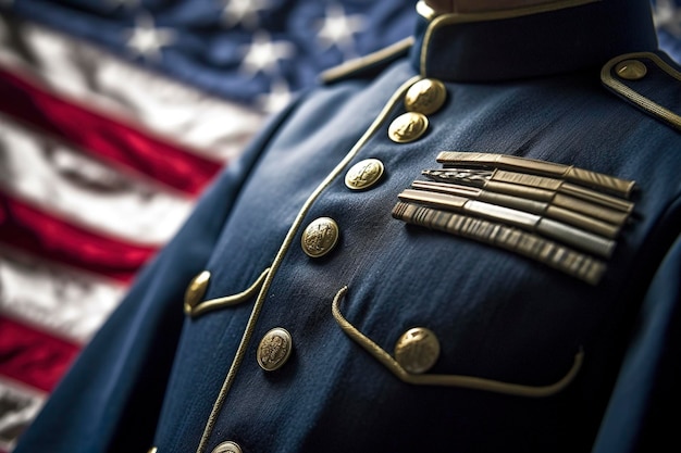 Detail der Abzeichen und Medaillen auf der Jacke eines patriotischen amerikanischen Soldaten, den Ai erzeugt hat