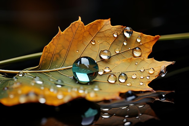 Detail der Natur Verfallendes Blatt im Wasser mit glitzernder Tröpfchenschönheit im fragilen Moment Generative KI