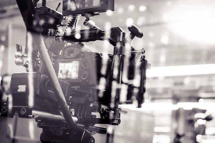 Foto detail der produktion der videokamera-filmmannschaft hinter den kulissen hintergrund