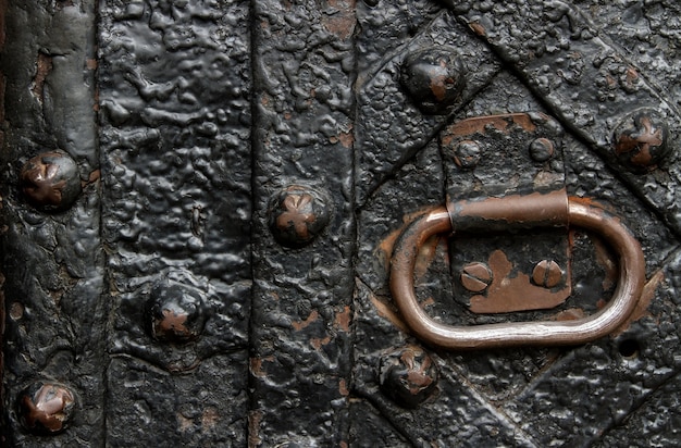 Detail der schmiedeeisernen Tür mit einem Metallgriff. gebundene Teller und lockige alte Nägel