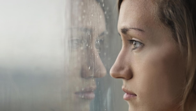 Detail des Gesichts der Frau beim Blick aus dem Fenster