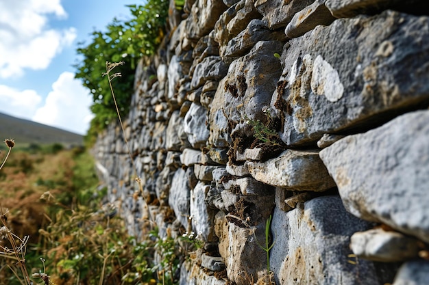 Detail einer Steinmauer auf dem Land von Galizien, Spanien