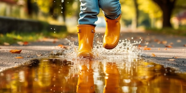 Detail eines Kindes spritzt und spritzt Wasser in einer Pfütze nach einem regnerischen Tag, das Wellies trägt