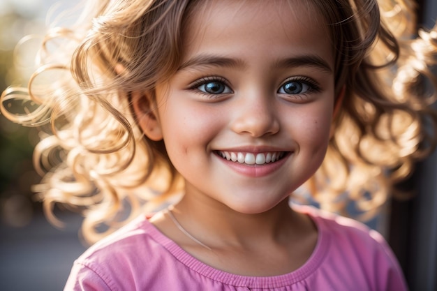 Detail eines schönen Lächelns eines fünfjährigen blauäugigen schwedischen Mädchens