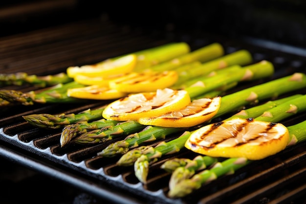 Detail eines Spargelstücks, das auf einer Grillpfanne geröstet wird