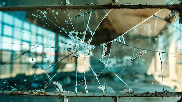 Foto detail eines zerbrochenen fensters, das aus einem leeren industriegebäude aussieht generative ki