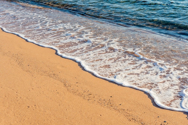 Detailansicht auf Sandstrand mit Meeresschaum