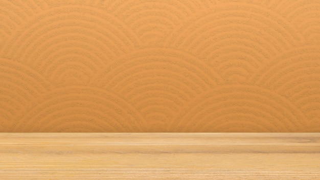 Detailansicht des Holztischs mit gelber Wand