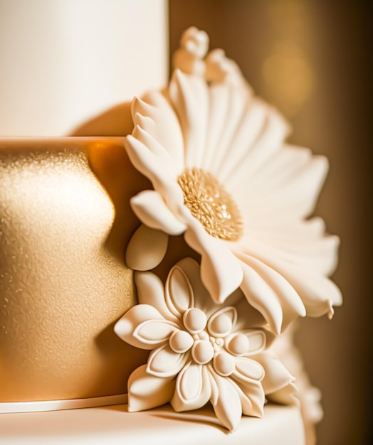 Detailansicht einer luxuriösen Hochzeitstorte, exklusives Highend-Design, wunderschön dekorierter, professioneller Premium-Kuchen als Hauptdessert für exquisite Hochzeitsfeiern Generative Ai