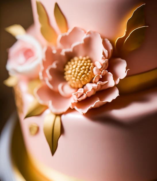 Detailansicht einer luxuriösen Hochzeitstorte, exklusives Highend-Design, wunderschön dekorierter, professioneller Premium-Kuchen als Hauptdessert für exquisite Hochzeitsfeiern Generative Ai