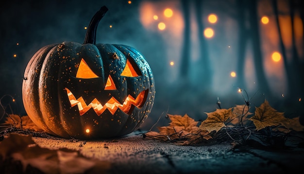 Detailansicht von Halloween-Kürbis mit unscharfem Halloween-Hintergrund Generative ai