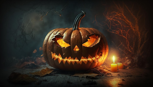 Detailansicht von Halloween-Kürbis mit unscharfem Halloween-Hintergrund Generative ai