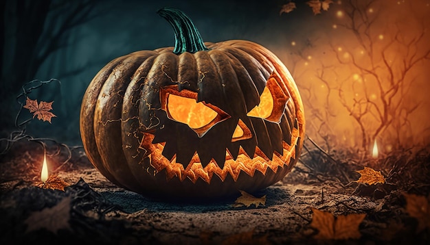 Detailansicht von Halloween-Kürbis mit unscharfem Halloween-Hintergrund Generative ai