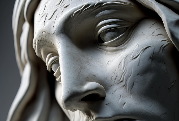 Detailaufnahme einer Marmorstatue mit traurigem Gesichtsausdruck, erstellt mit generativer KI