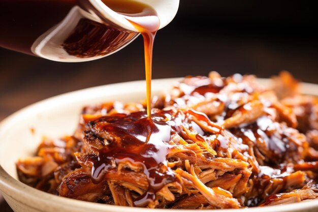 Foto detailaufnahme einer würzigen essigsauce, die auf pulled pork träufelt