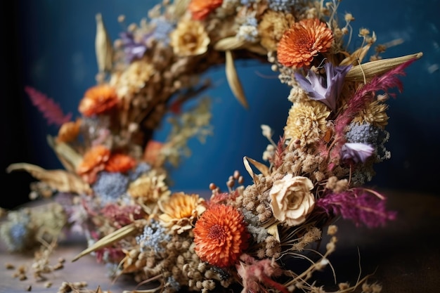 Detailaufnahme eines Kranzes mit bunten Trockenblumen
