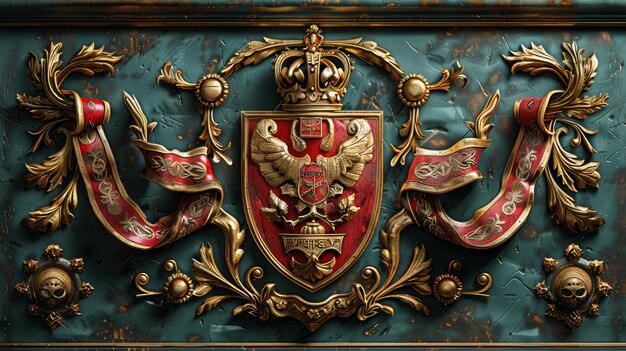 Foto detaillierte 3d-digitale illustration des mittelalterlichen wapens mit rotem und grünem königlichen schild und vergoldeten gekreuzten klingen