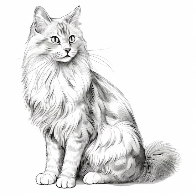 Detaillierte Abbildung einer flauschigen Katze in einer würdigen Pose