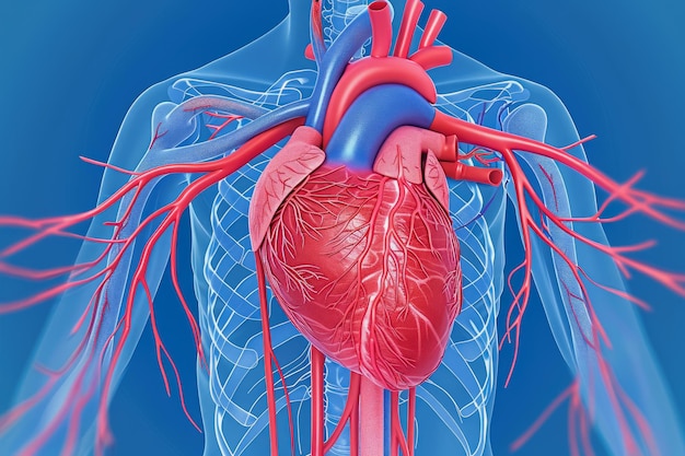 Foto detaillierte anatomie des menschlichen herzens auf blauem hintergrund für den medizinischen bildungsgebrauch