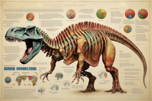 Foto detaillierte anatomie-infografik von dinosauriern, extreme nahaufnahme, generative ki