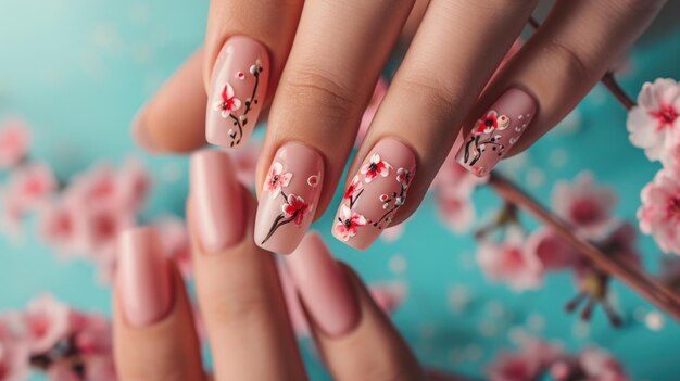 Detaillierte Ansicht der durch den Frühling inspirierten Nagelkunst mit Blumenmuster