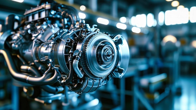 Detaillierte Ansicht eines modernen Motors, der in einer Hightech-Fabrik hergestellt wird