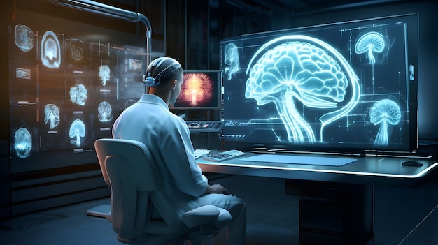 Detaillierte Ansicht eines Neurokirurgen-Konsultations-TV mit einem MRT-Scan