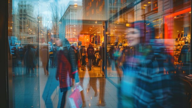 Detaillierte Ansicht eines Schaufensters in einem geschäftigen Einkaufsviertel Reflexionen verschiedener Käufer