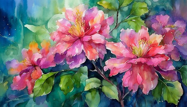 Detaillierte Aquarellmalerei von lebendigen rosa Blüten mit üppig grünen Blättern Handgezeichnete botanische Kunst