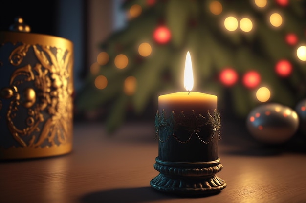 Detaillierte Aufnahme einer brennenden Kerze neben einem kleinen Weihnachtsbaum mit festlicher Bokeh-Beleuchtung sowohl für den Urlaub als auch für die Dekoration sowohl saisonal als auch neu