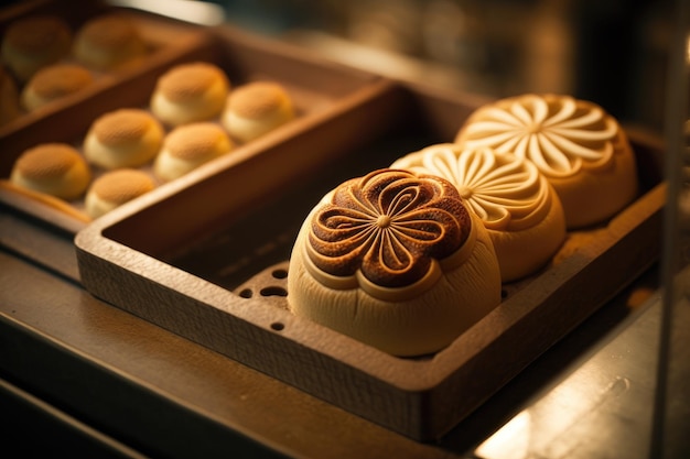 Detaillierte Aufnahme von frisch gebackenem Brot auf einem Holztablett in einer japanischen Bäckerei in Tokio