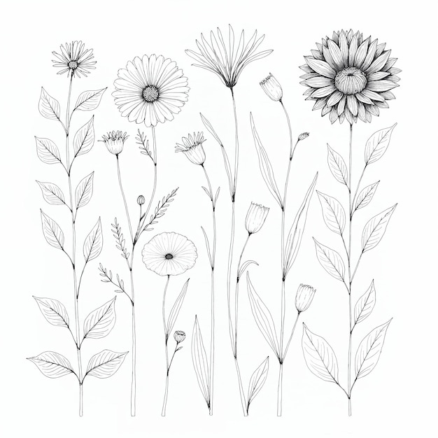 Detaillierte Blumenillustration in Schwarz-Weiß